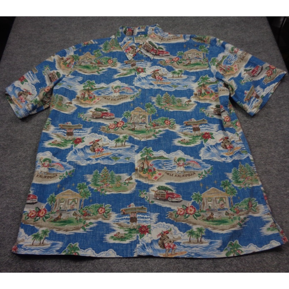 Reyn Spooner 2021 MELE KALIKIMAKA SHIRT Mens 3XL Surfing Santa Blue Hawaiian